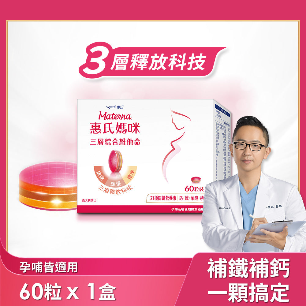 【葉酸鐵鈣等21種營養】三層孕婦綜合維他命1盒(60粒/盒)送LC40